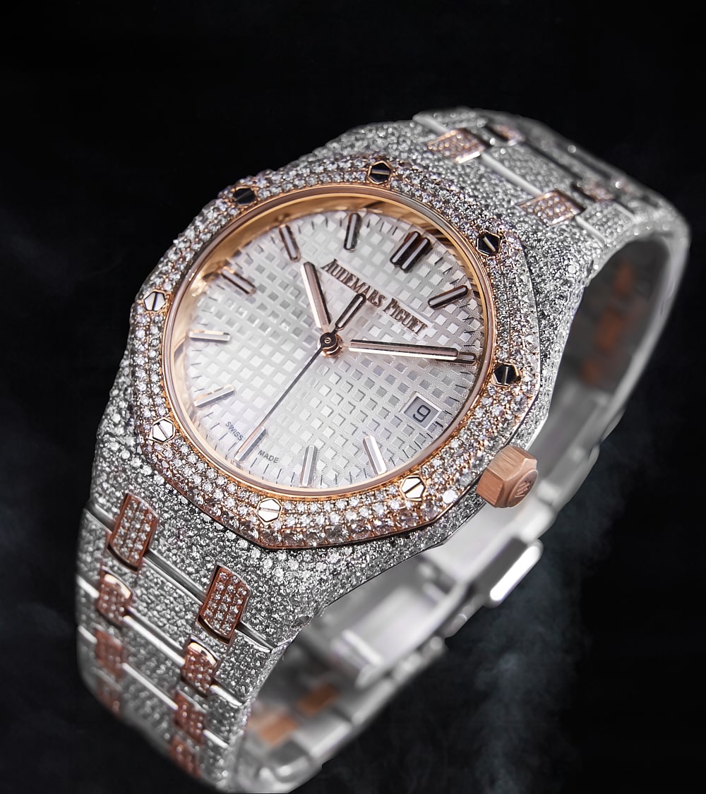 Audemars Piguet - Royal Oak 34 mm - Stainless Steel & Rose Gold - Silver “Grande Tapisserie” Dial - Custom Diamond-Set