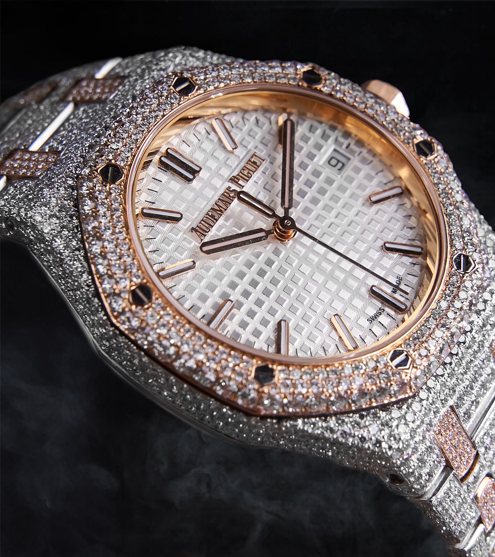 Audemars Piguet - Royal Oak 34 mm - Stainless Steel & Rose Gold - Silver “Grande Tapisserie” Dial - Custom Diamond-Set
