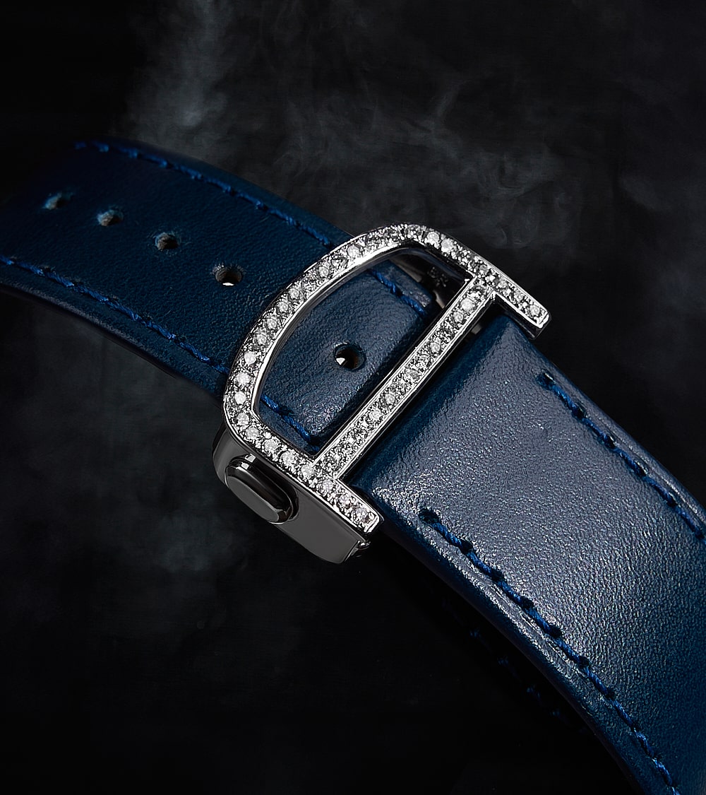 Cartier Santos Large - Steel - Custom Diamond-Set with Navy Calfskin Strap