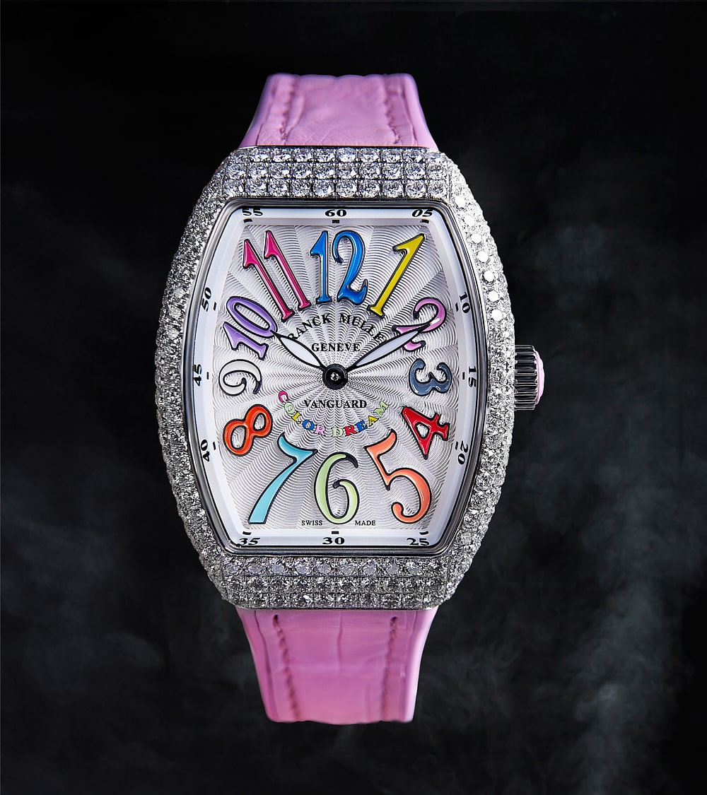 Franck Muller - Vanguard Lady 32 mm - White "Color Dreams" Dial - Pink Strap - Custom Diamond-Set