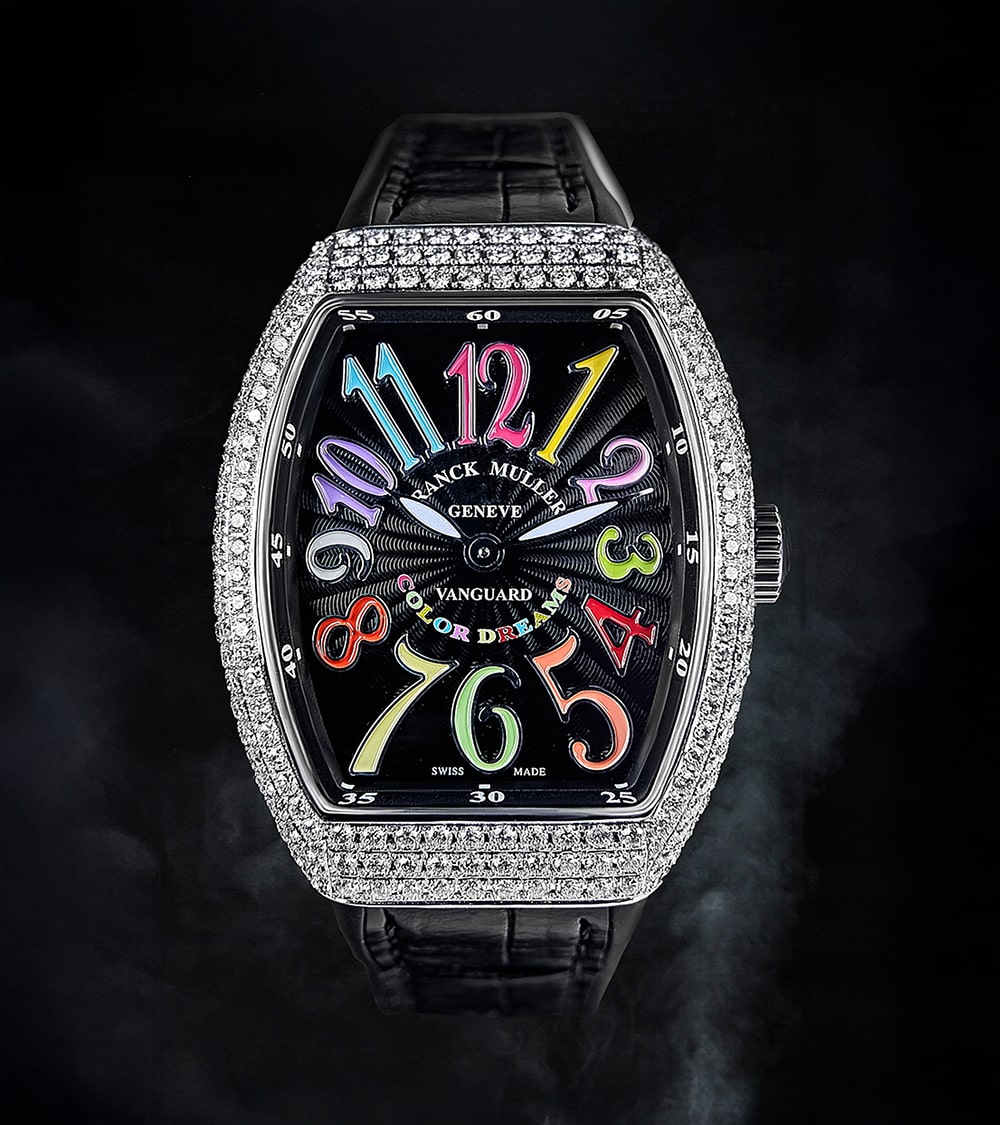 Franck Muller - Vanguard Lady 32 mm - Black "Color Dreams" Dial - Custom Diamond-Set - Black Strap