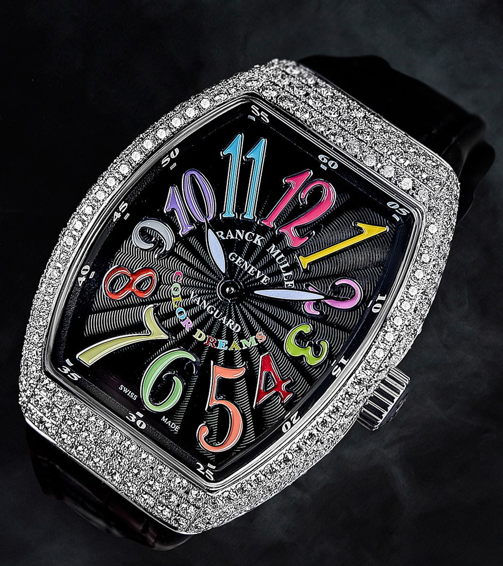 Franck Muller - Vanguard Lady 32 mm - Black "Color Dreams" Dial - Custom Diamond-Set - Black Strap