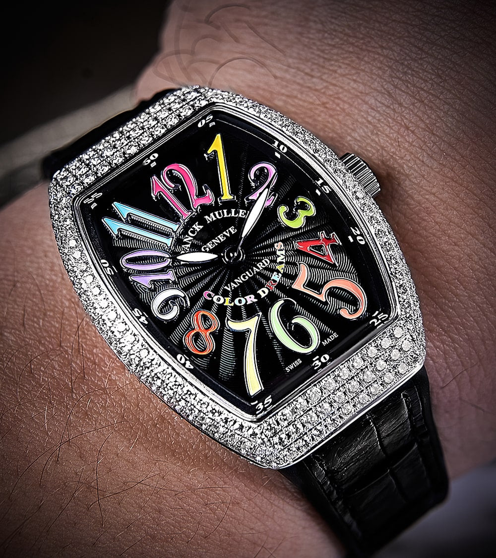 Franck Muller - Vanguard Lady 32 mm - Black "Color Dreams" Dial - Custom Diamond-Set - Black Strap