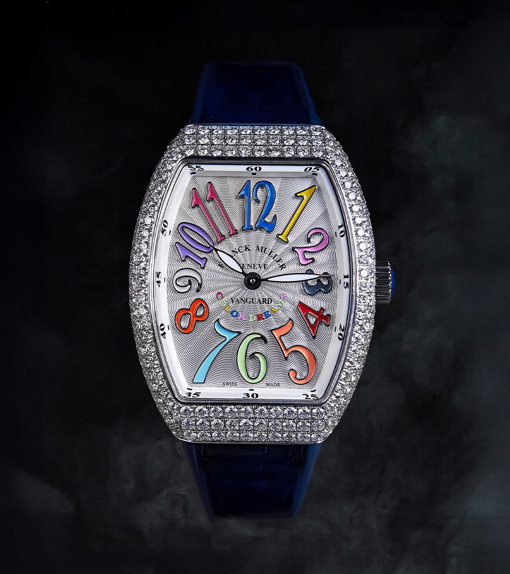 Franck Muller - Vanguard 35 mm - White "Color Dreams" Dial - Custom Diamond-Set - Blue Strap