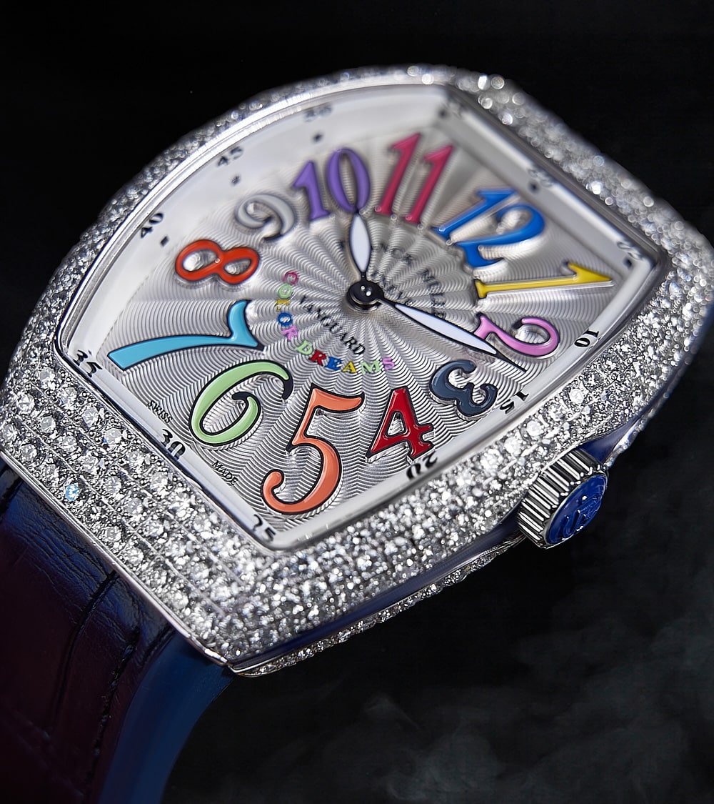 Franck Muller - Vanguard 35 mm - White "Color Dreams" Dial - Custom Diamond-Set - Blue Strap