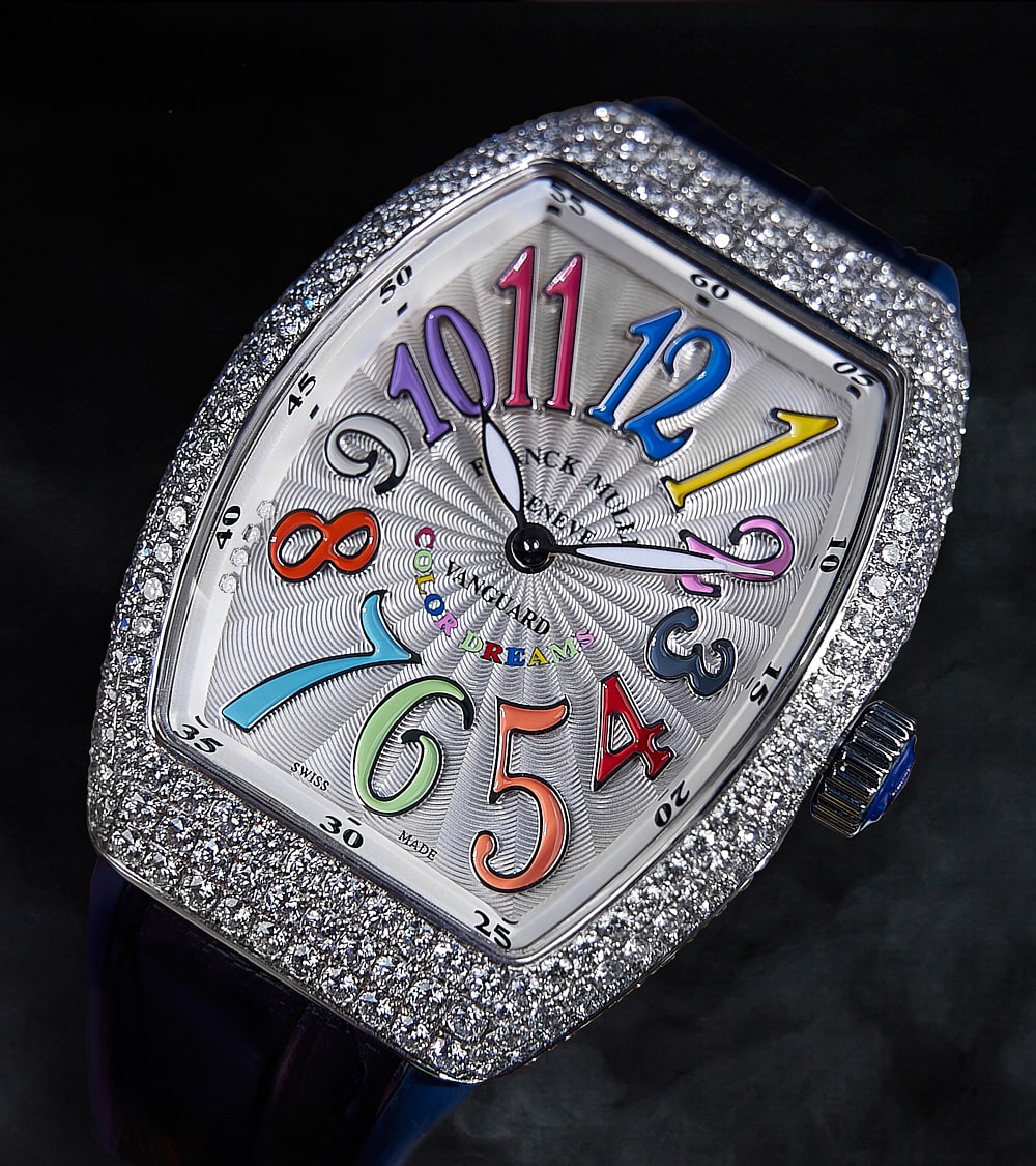 Franck Muller - Vanguard 35 mm - White "Color Dreams" Dial - Custom Diamond-Set - Blue Strap