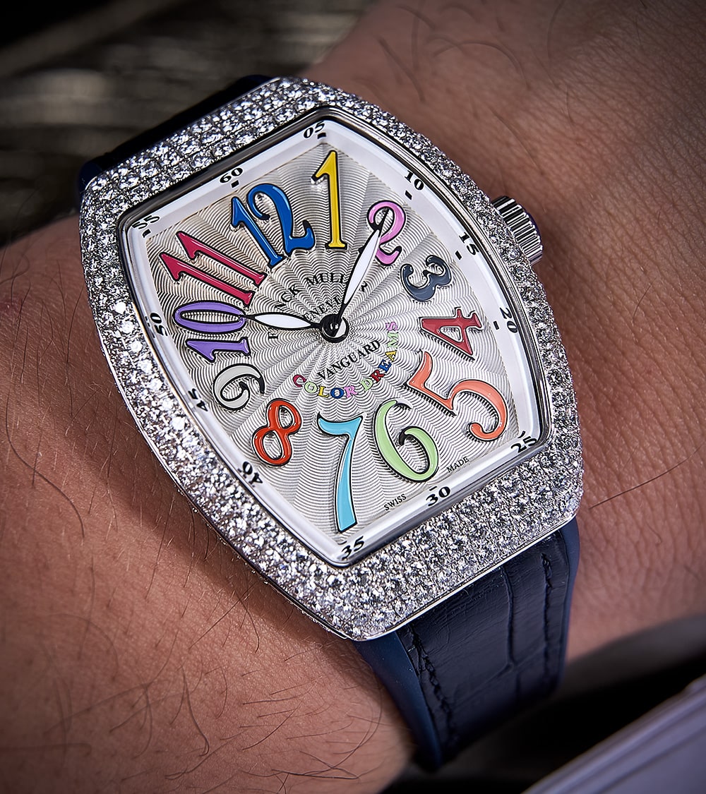 Franck Muller - Vanguard 35 mm - White "Color Dreams" Dial - Custom Diamond-Set - Blue Strap