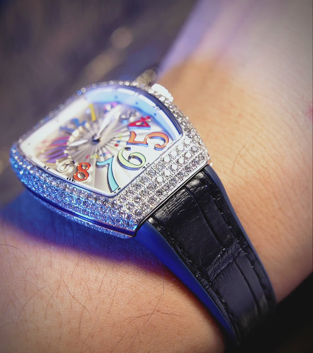 Franck Muller - Vanguard 35 mm - White "Color Dreams" Dial - Custom Diamond-Set - Blue Strap
