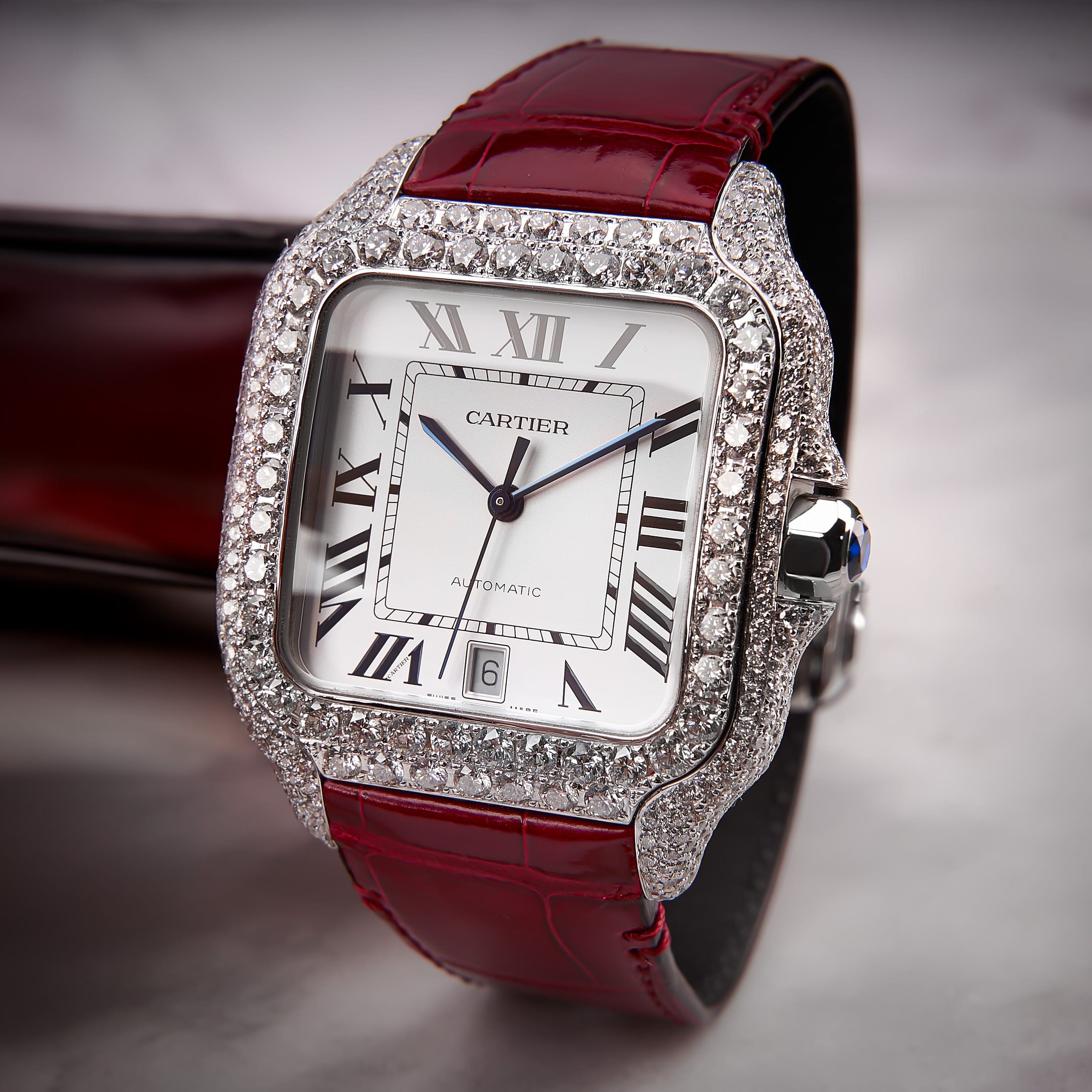 Cartier Santos Large - Steel - Custom Diamond-Set with Red Alligator Bracelet