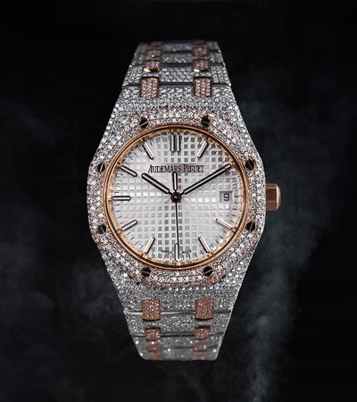 Audemars Piguet - Royal Oak 34 mm - Stainless Steel & Rose Gold - Silver “Grande Tapisserie” Dial - Custom Diamond-Set