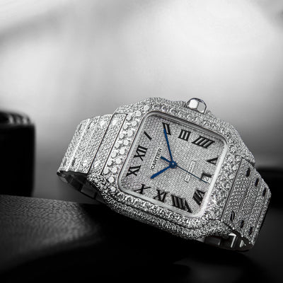 Cartier Santos Large - Acero - Diamantes totalmente personalizados engastados con números romanos y espadas azules