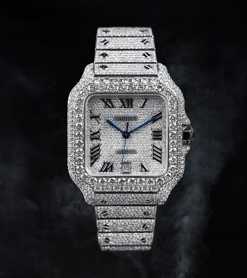 Cartier Santos Large - Steel - Fully Custom Diamond-Set with Roman Numerals & Blue Swords