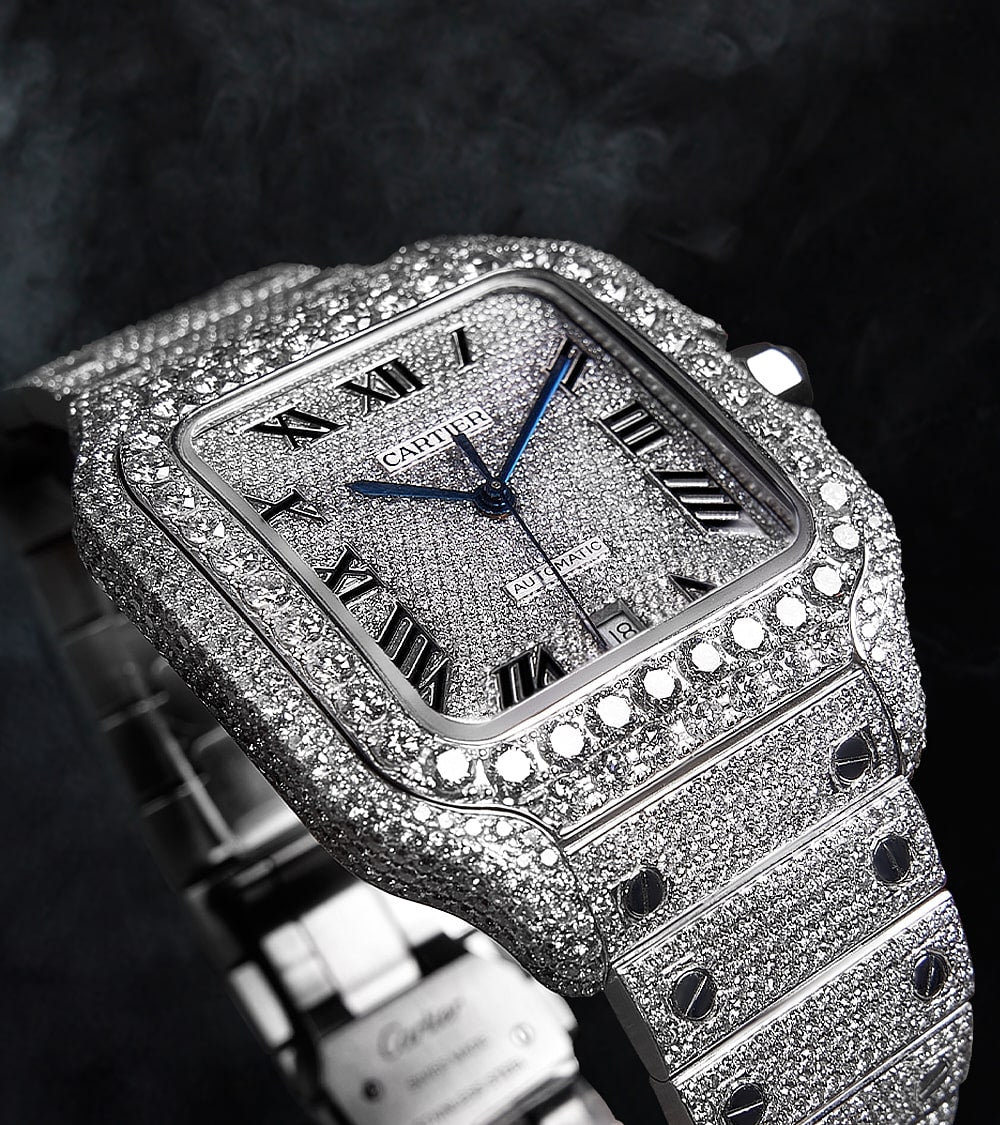 Cartier Santos Large - Steel - Fully Custom Diamond-Set with Roman Numerals & Blue Swords