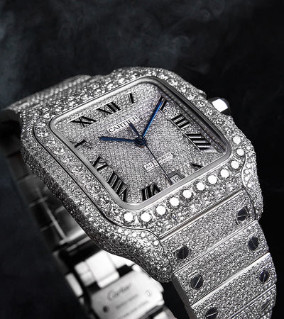 Cartier Santos Large - Acero - Diamantes totalmente personalizados engastados con números romanos y espadas azules