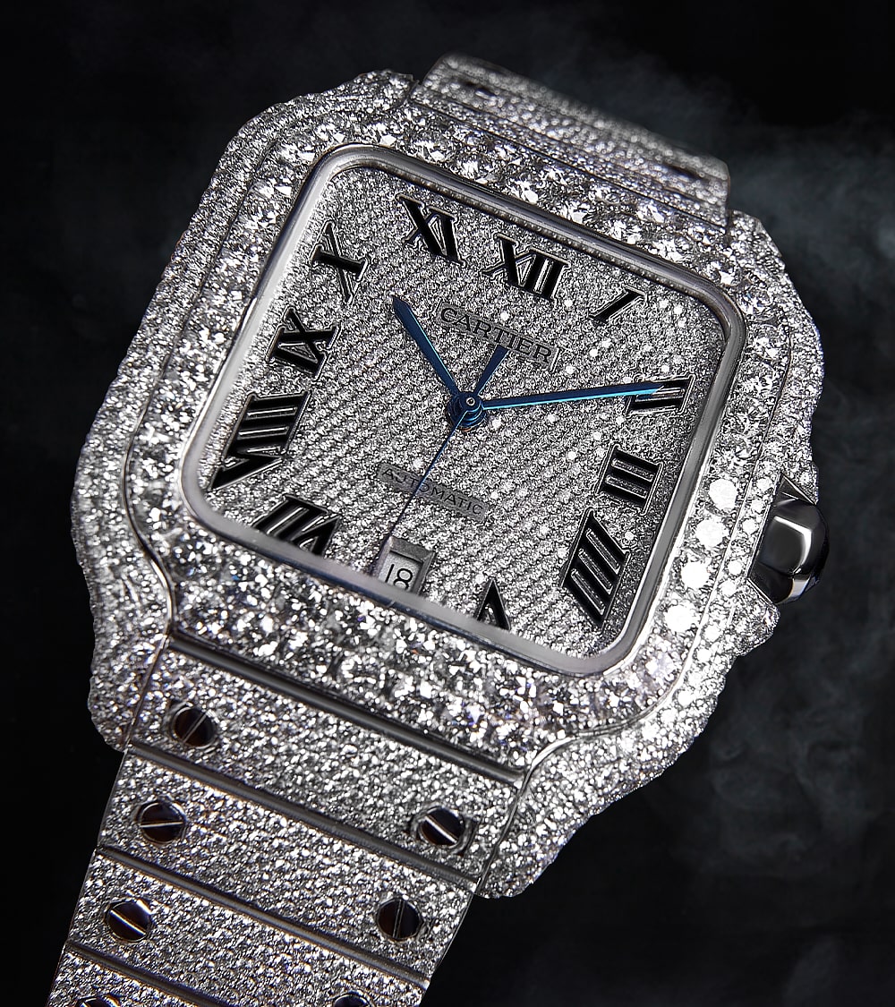 Cartier Santos Large - Steel - Fully Custom Diamond-Set with Roman Numerals & Blue Swords