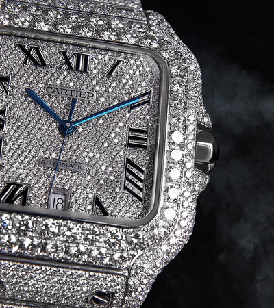 Cartier Santos Large - Acero - Diamantes totalmente personalizados engastados con números romanos y espadas azules