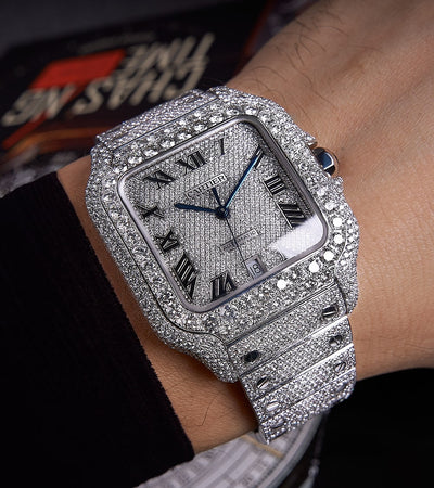 Cartier Santos Large - Acero - Diamantes totalmente personalizados engastados con números romanos y espadas azules
