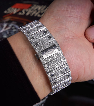 Cartier Santos Large - Acero - Diamantes totalmente personalizados engastados con números romanos y espadas azules