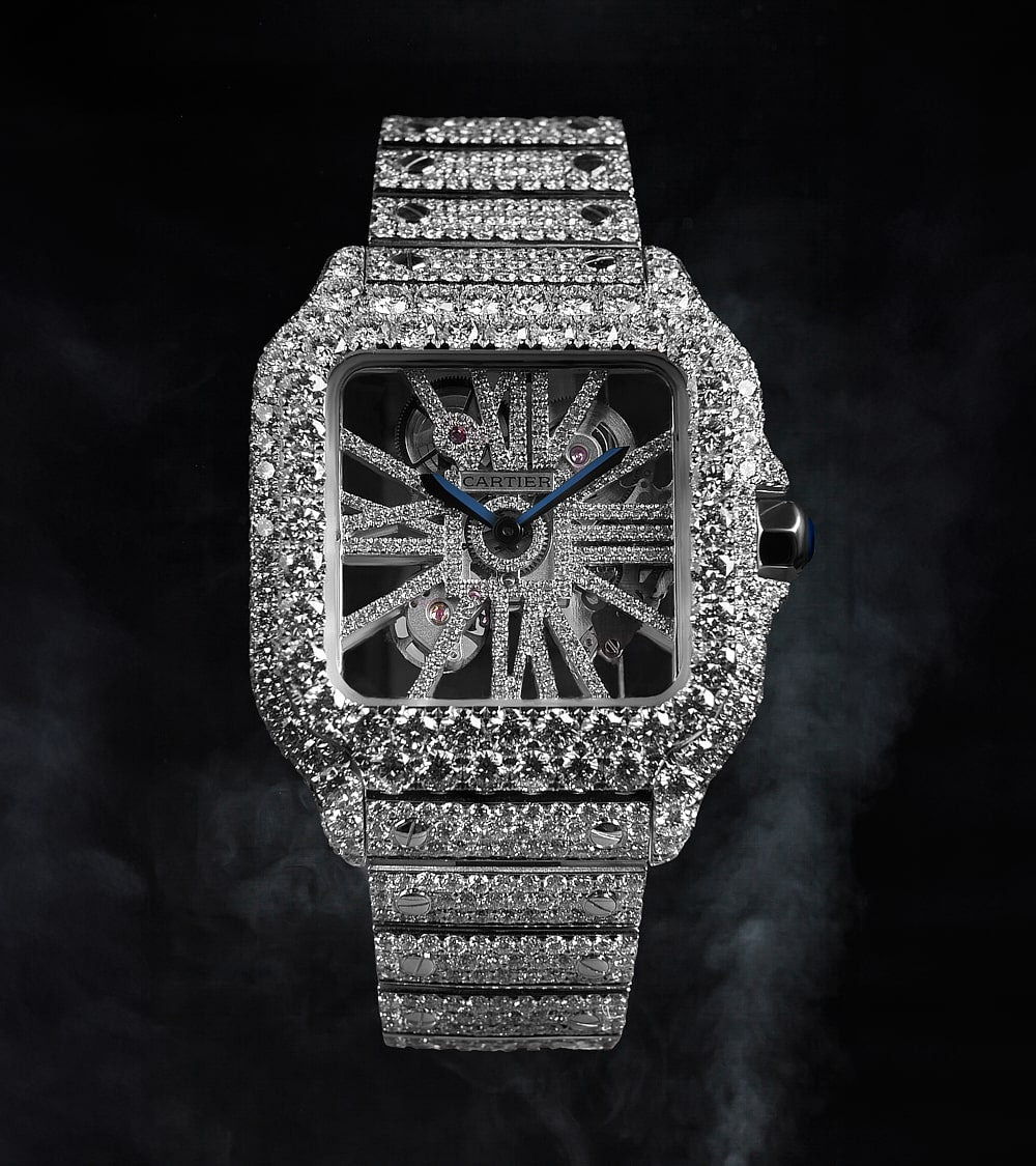 Cartier Santos Skeleton - Steel - Custom Pavé Diamond-Set (VVS) - Blue-Steel Swords