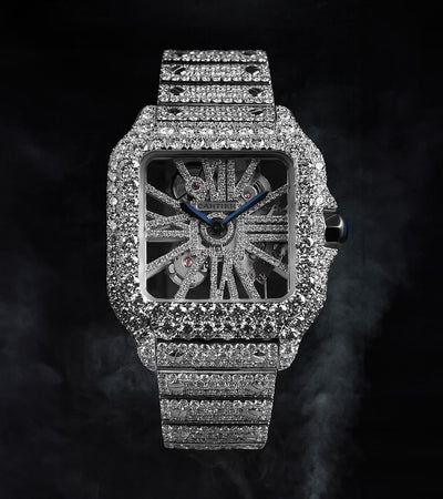 Cartier Santos Skeleton - Steel - Custom Pavé Diamond-Set (VVS) - Blue-Steel Swords