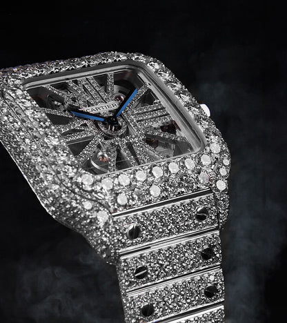 Cartier Santos Skeleton - Steel - Custom Pavé Diamond-Set (VVS) - Blue-Steel Swords