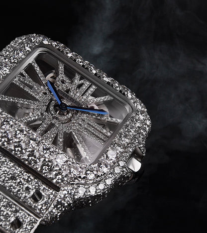 Cartier Santos Skeleton - Steel - Custom Pavé Diamond-Set (VVS) - Blue-Steel Swords