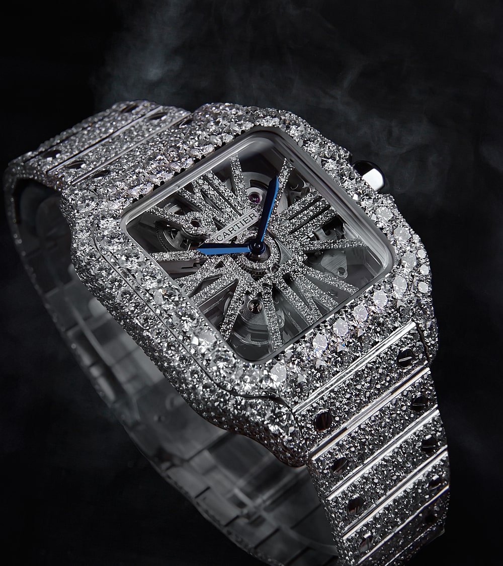 Cartier Santos Skeleton - Steel - Custom Pavé Diamond-Set (VVS) - Blue-Steel Swords