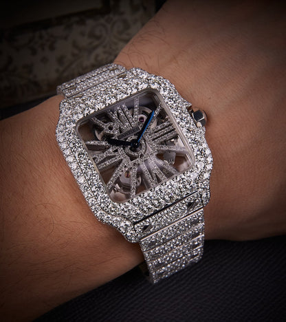 Cartier Santos Skeleton - Steel - Custom Pavé Diamond-Set (VVS) - Blue-Steel Swords