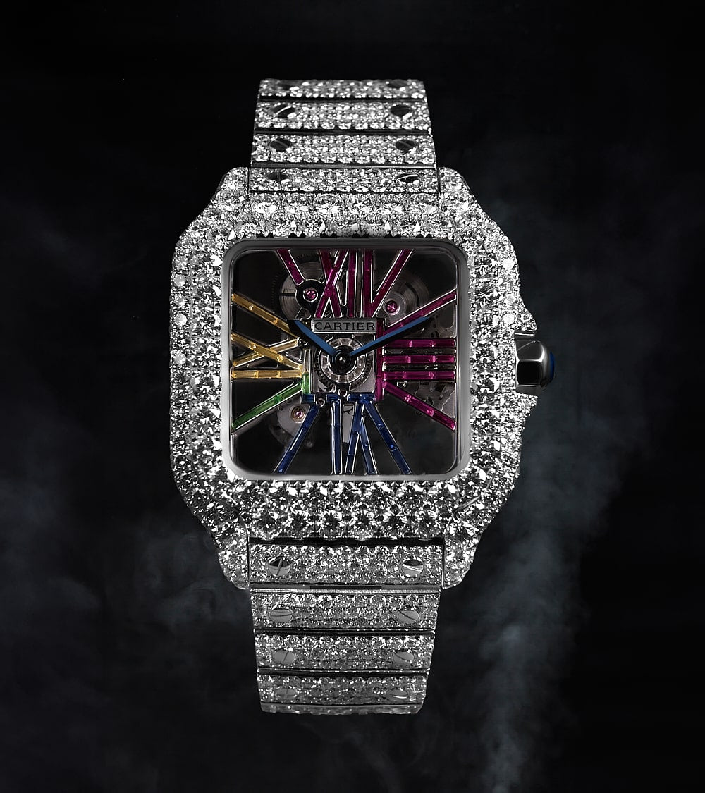 Cartier Santos Rainbow Skeleton - Steel - Custom Pavé Diamond-Set (VVS) - Blue-Steel Swords