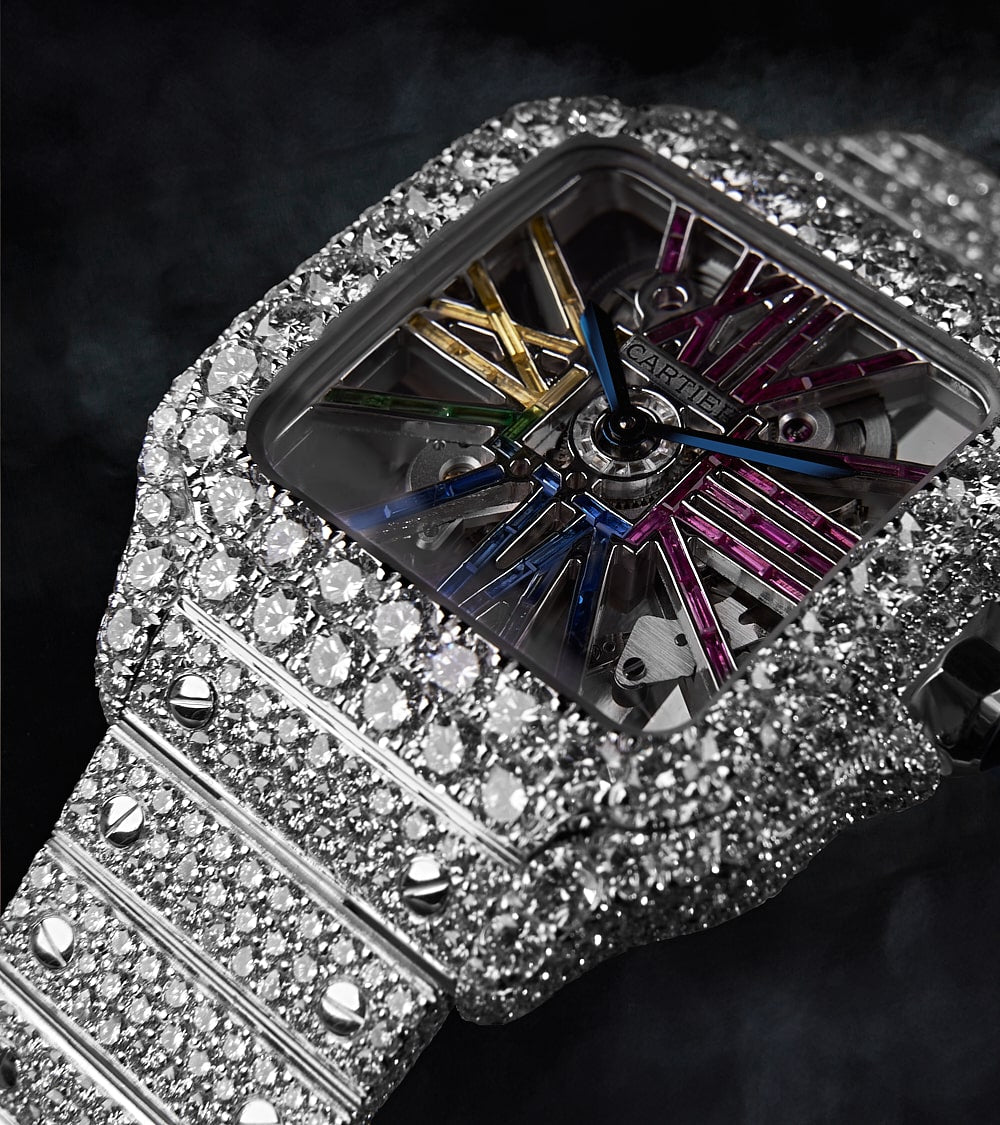 Cartier Santos Rainbow Skeleton - Steel - Custom Pavé Diamond-Set (VVS) - Blue-Steel Swords