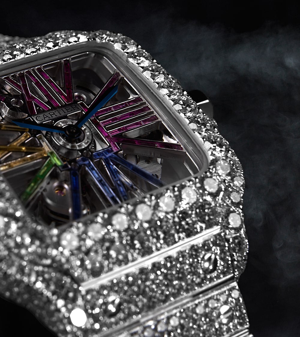 Cartier Santos Rainbow Skeleton - Steel - Custom Pavé Diamond-Set (VVS) - Blue-Steel Swords