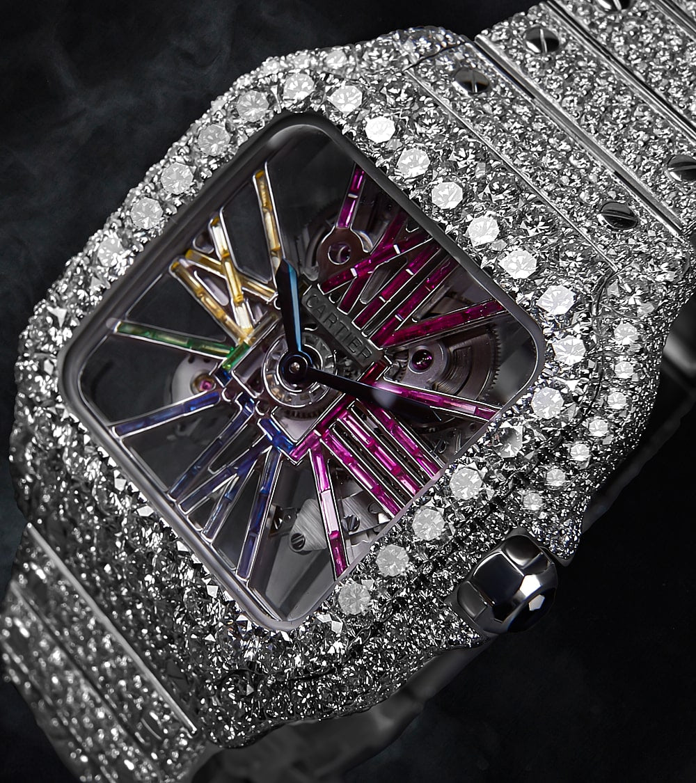 Cartier Santos Rainbow Skeleton - Steel - Custom Pavé Diamond-Set (VVS) - Blue-Steel Swords