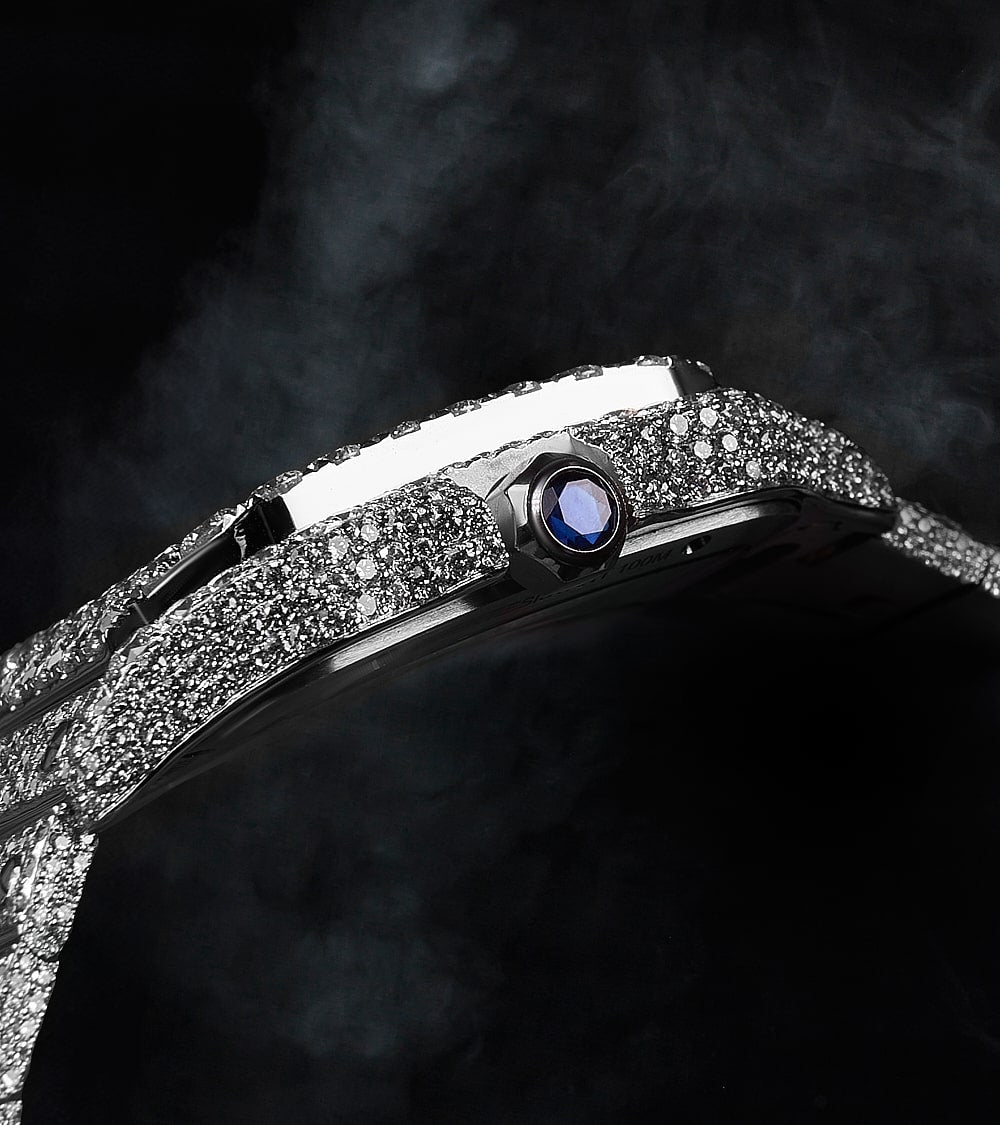 Cartier Santos Rainbow Skeleton - Steel - Custom Pavé Diamond-Set (VVS) - Blue-Steel Swords