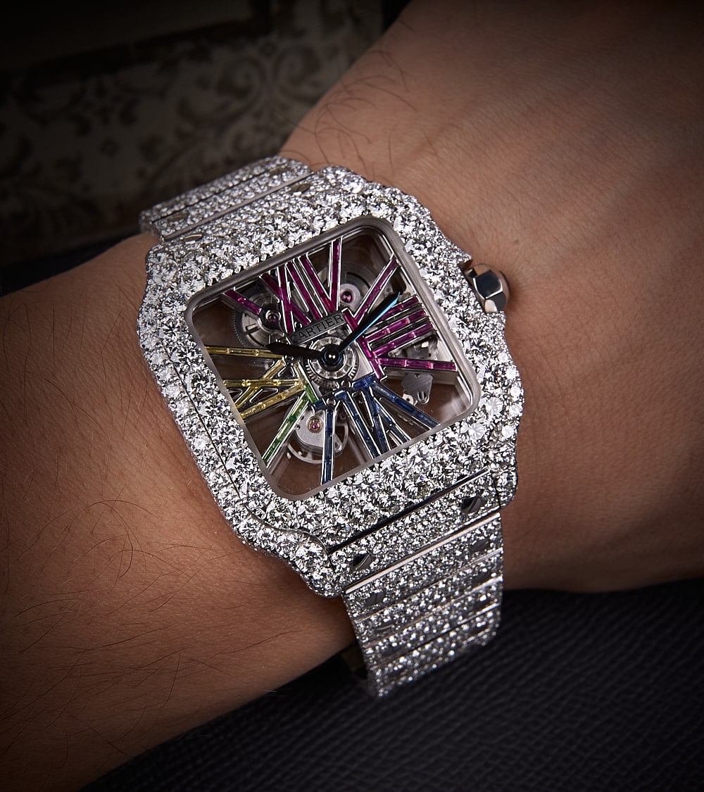 Cartier Santos Rainbow Skeleton - Steel - Custom Pavé Diamond-Set (VVS) - Blue-Steel Swords