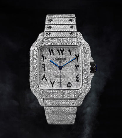 Image of a Cartier Santos Large, fully custom diamond-set with a diamond-paved dial featuring black Arabic numerals, crafted by Cagau.