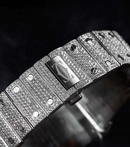 Image of a Cartier Santos Large, fully custom diamond-set with a diamond-paved dial featuring black Arabic numerals, crafted by Cagau.