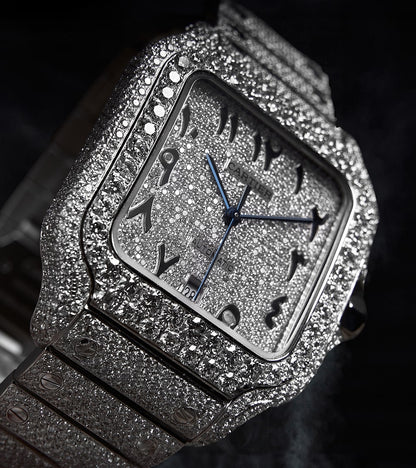 Image of a Cartier Santos Large, fully custom diamond-set with a diamond-paved dial featuring black Arabic numerals, crafted by Cagau.