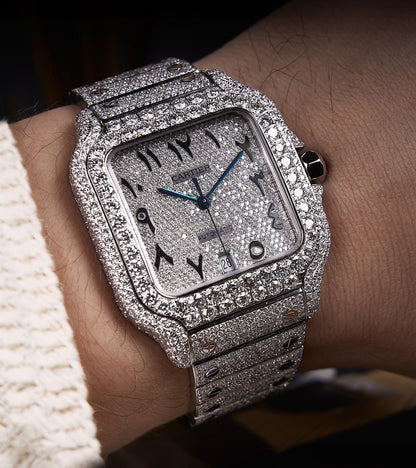 Image of a Cartier Santos Large, fully custom diamond-set with a diamond-paved dial featuring black Arabic numerals, crafted by Cagau.