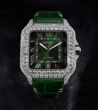 Image of a Cartier Santos Large watch with a green dial, custom diamond-set by Cagau.