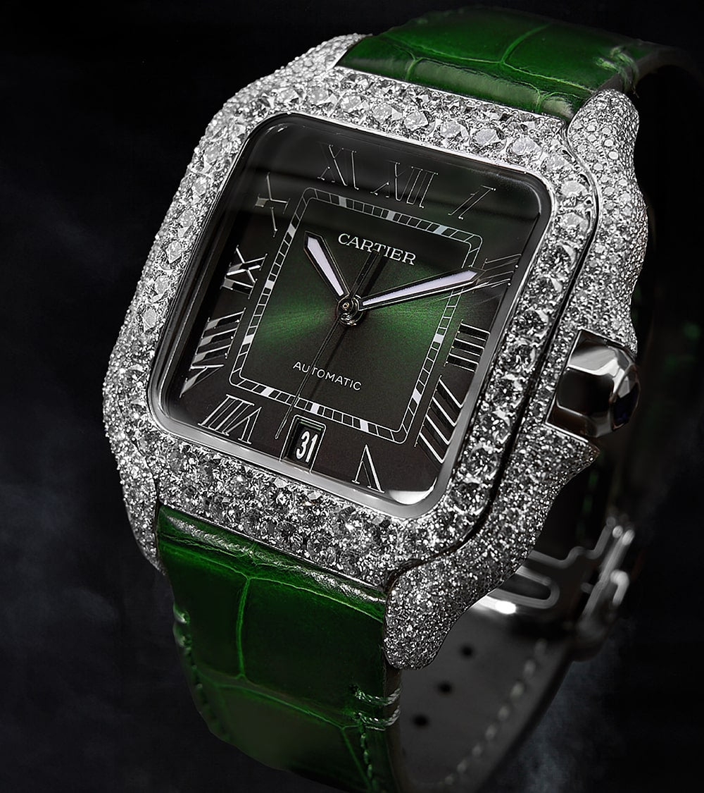 Image of a Cartier Santos Large watch with a green dial, custom diamond-set by Cagau.