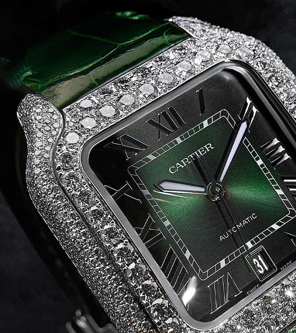 Image of a Cartier Santos Large watch with a green dial, custom diamond-set by Cagau.