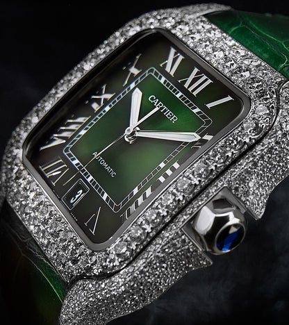 Image of a Cartier Santos Large watch with a green dial, custom diamond-set by Cagau.