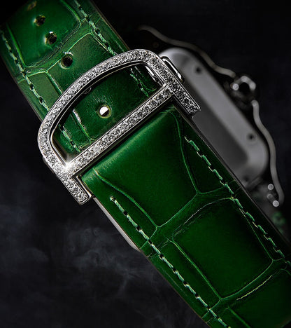 Image of a Cartier Santos Large watch with a green dial, custom diamond-set by Cagau.