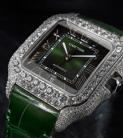 Image of a Cartier Santos Large watch with a green dial, custom diamond-set by Cagau.