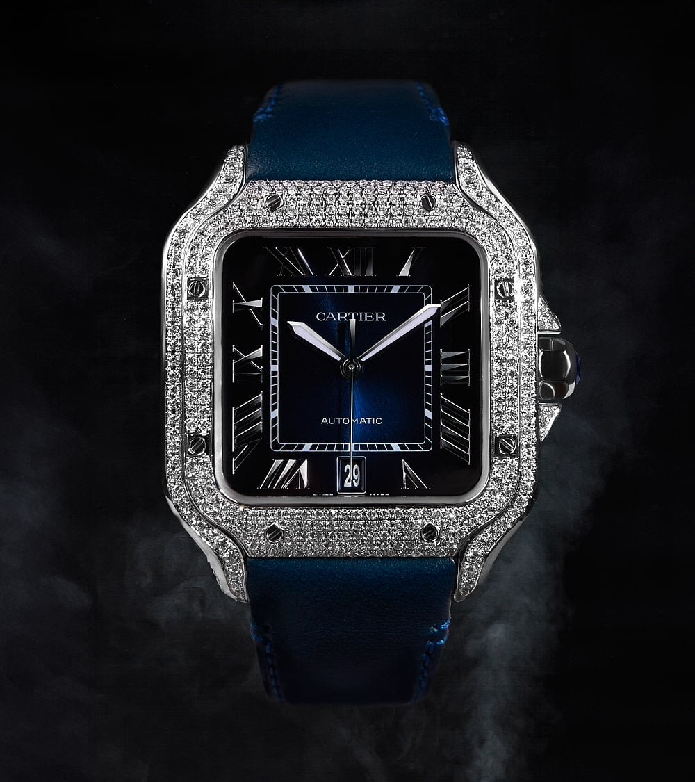 Cartier Santos Large - Steel - Custom Diamond-Set with Navy Alligator Bracelet