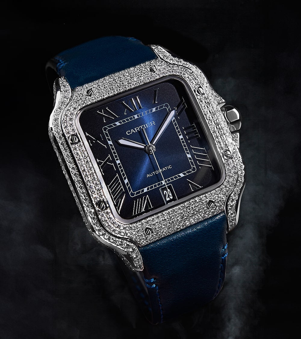 Cartier Santos Large - Steel - Custom Diamond-Set with Navy Calfskin Bracelet