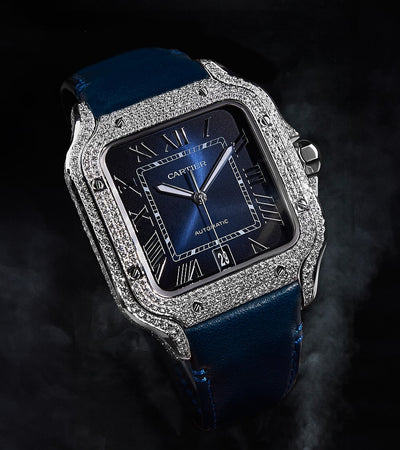 Cartier Santos Large - Steel - Custom Diamond-Set with Navy Calfskin Strap