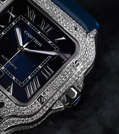 Cartier Santos Large - Steel - Custom Diamond-Set with Navy Calfskin Strap