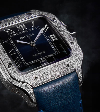 Cartier Santos Large - Steel - Custom Diamond-Set with Navy Calfskin Strap
