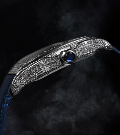 Cartier Santos Large - Steel - Custom Diamond-Set with Navy Calfskin Strap